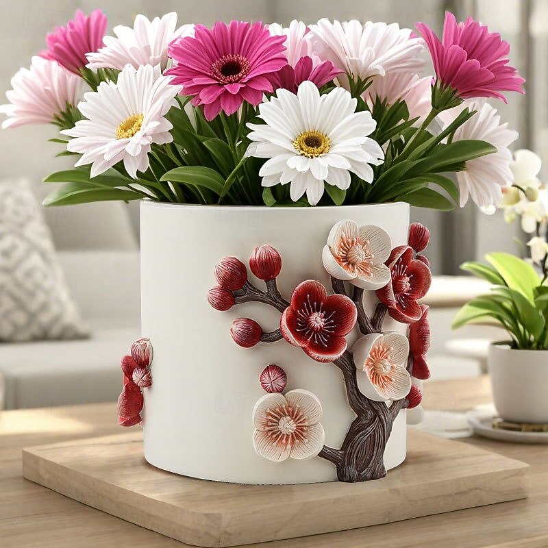 Chinese Four Gentlemen Resin Flower Pot with Plum Blossom Relief, Large Thickened Planter, Decorative Wide Mouth Vase for Indoor Outdoor Garden2