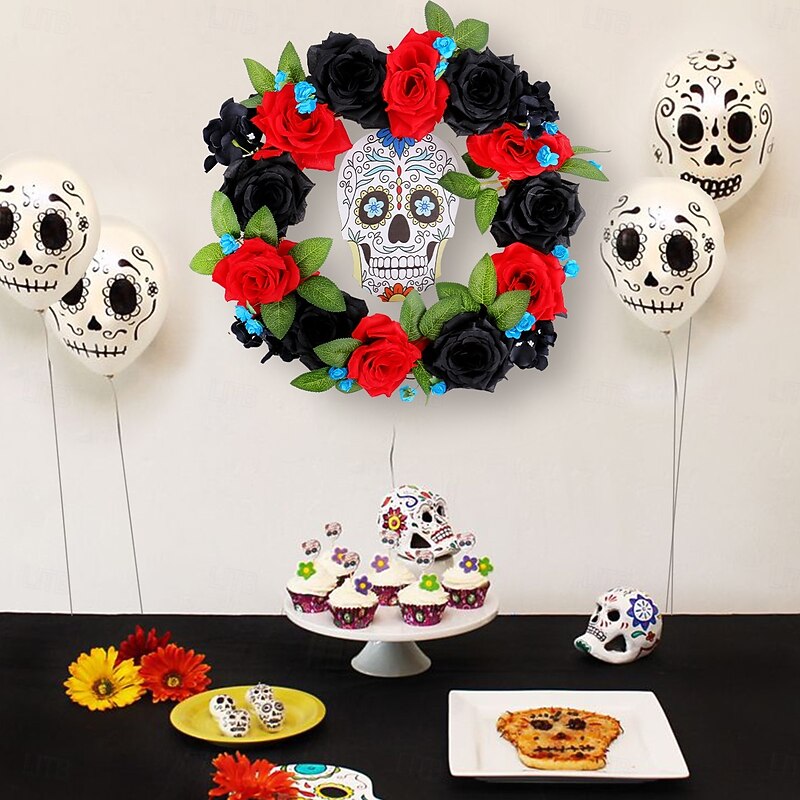 Halloween Wreaths for Front Door Indoor Outdoor Decoration, Day of the Dead Red Black Rose Wreath with Skull Sign for Window and Wall Decor4