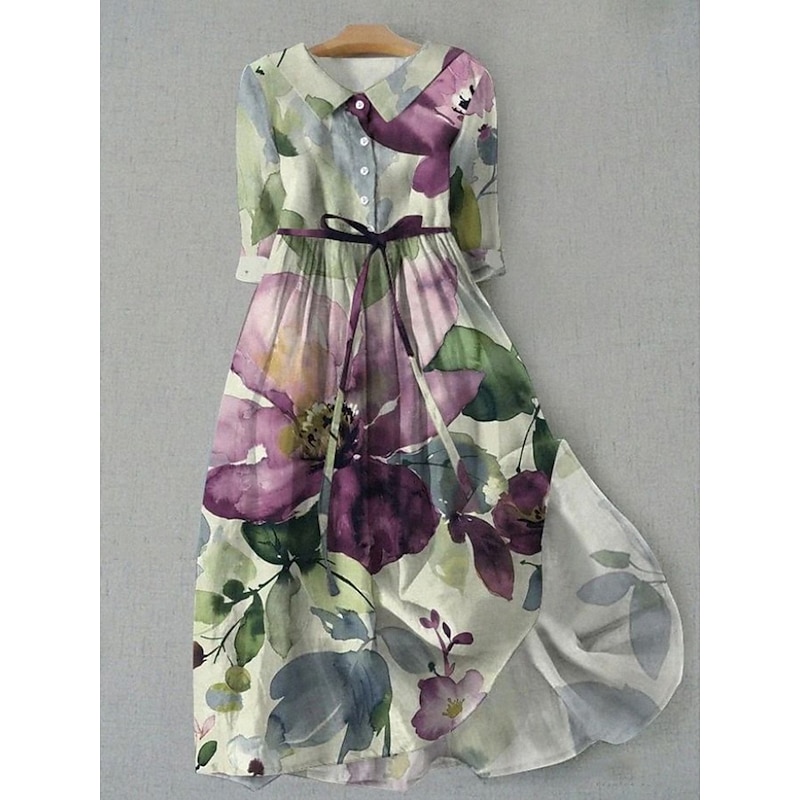 Women's Midi Dress Shift Dress Vacation Casual Boho Daily Holiday Tea Party Regular Fit Floral Graphic Half Sleeve Lapel Pink Purple Orange Green Summer Spring