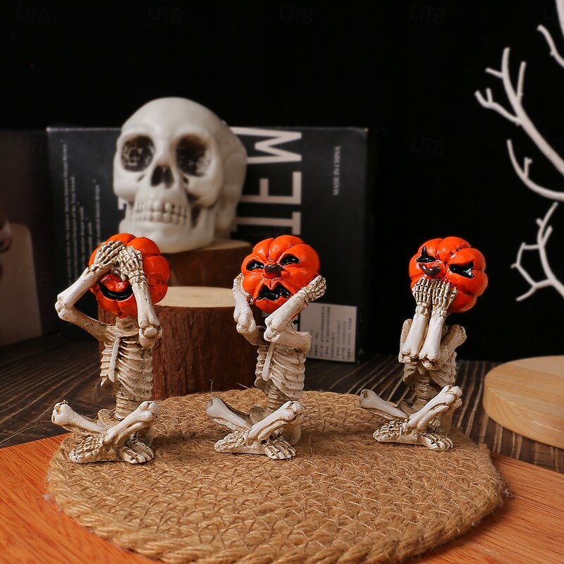 3pcs/set Halloween Pumpkin Head Skull Resin Figurine, Spooky Home Decor, Horror Doll Scene Prop