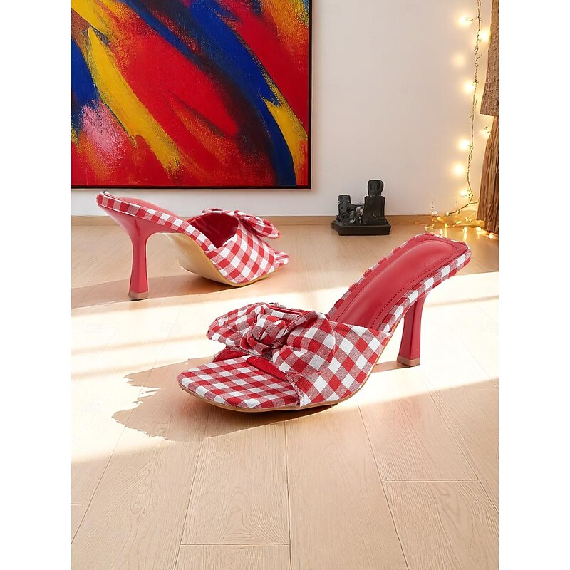 Women's Gingham Bow Heeled Mules - Vintage Open Toe Slip-On Sandals for Casual Dates and Summer Outings4