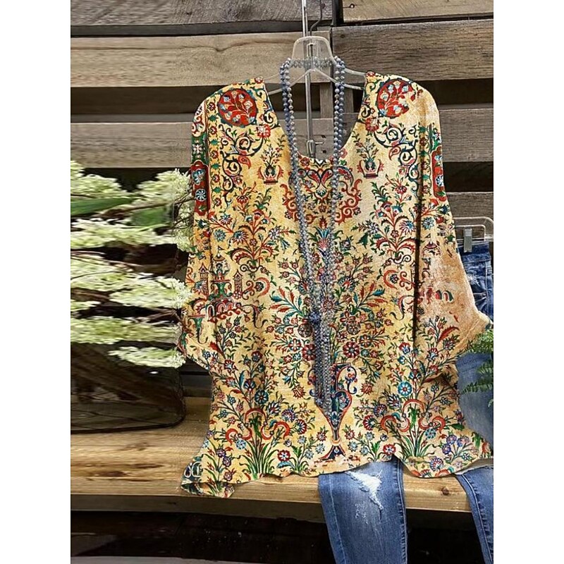 Women's Shirt Floral Stylish 3/4 Length Sleeve Crew Neck Regular Tops Daily Holiday Print Yellow Wine Green Summer