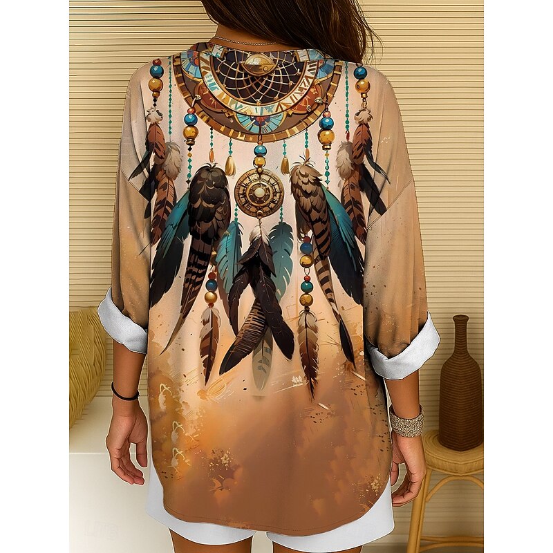 Women's Blouse Tunic V Neck Long Sleeve Boho Casual Tops Ombre Graphic Bohemia Vintage Tropical Regular Tops Daily Wear Print Yellow Red Blue Purple Fuchsia2