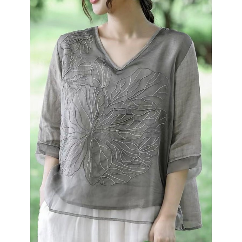 Women's Cotton Linen Shirts Solid Color Basic Casual 3/4 Length Sleeve V Neck Regular Tops Daily Embroidered Navy Blue Blue Purple Orange Apricot Summer4