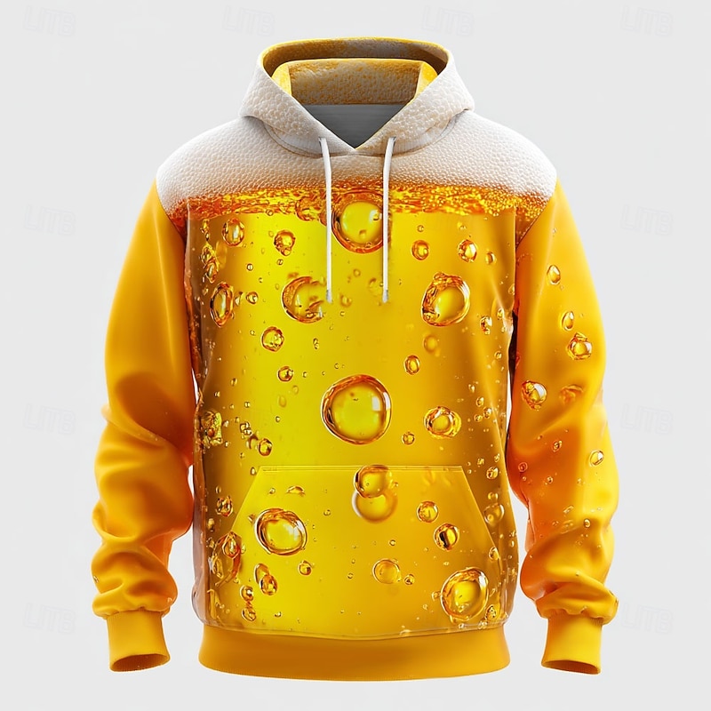 Oktoberfest Men's 3D Print Beer Hoodies Sweatshirt Cool Party Long Sleeve Crew Neck Club Streetwear Light Yellow White Drawstring Graphic Fall Winter Designer