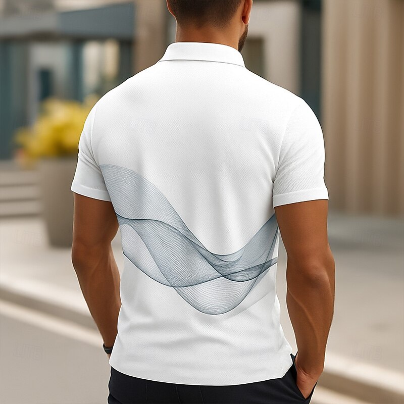 Men's Abstract Line Polo Short Sleeve Polo Shirts Turndown Business Casual Buttons Pocket Summer White2