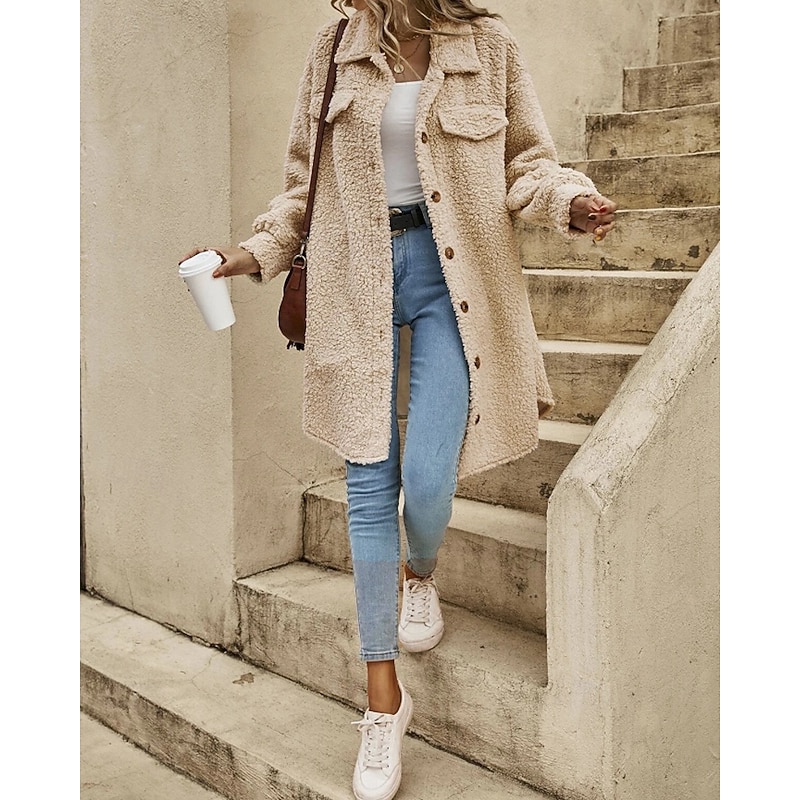 Women's Coat Warm Comfortable Pocket Buttons Outdoor Casual Plain Outdoor Street Daily Holiday Single Breasted Long Turndown Regular Fit Long Sleeve Outerwear White Khaki Apricot Fall Winter3