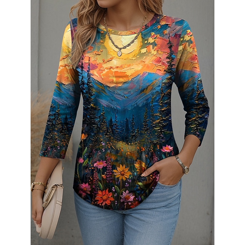 Women's T Shirt Graphic Scenery Fashion Modern Casual Long Sleeve Crew Neck Round Neck Regular Tops Daily Weekend Print Pink Red Blue Orange Spring Fall Winter3