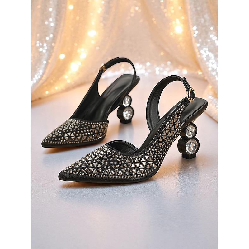 Women's Black Rhinestone Studded Slingback Heels, Pointed Toe Party Shoes with Geometric Crystal Heels for Nightlife and Club Events4