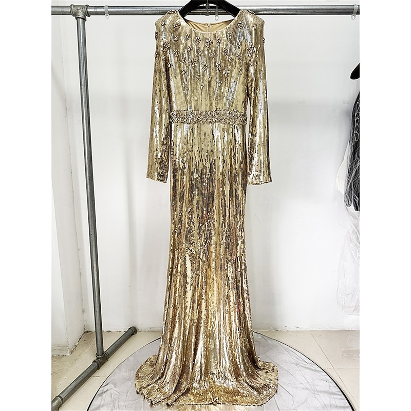 Mermaid / Trumpet Quinceanera Dresses Elegant Dress Formal Wedding Floor Length Long Sleeve Crew Neck Sequined with Sequin3