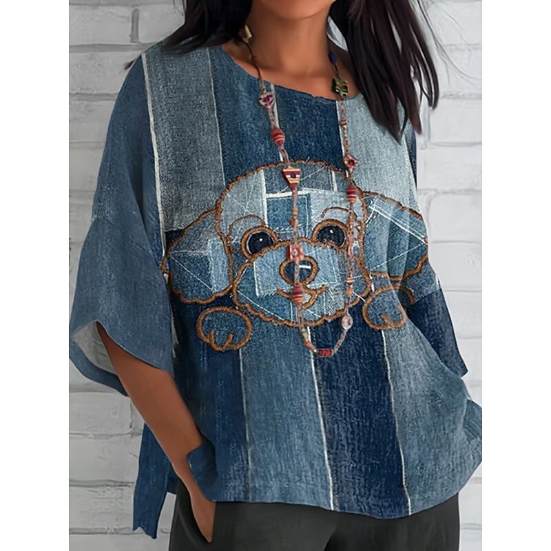 Women's Blouse Long Sleeve Graphic Animal Cat Bohemia Daily Ethnic 3/4 Length Sleeve Crew Neck Regular Tops Daily Holiday Vacation Wear Print Denim Blue Blue Summer Spring2