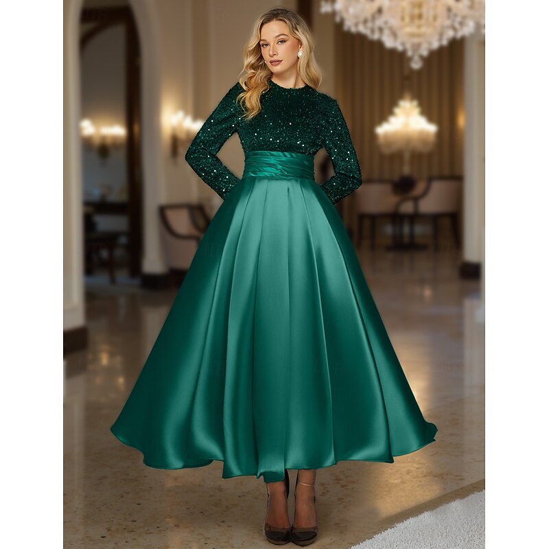 Ball Gown A-Line Sequined Cocktail Dresses Elegant Formal Wedding Ankle Length Long Sleeve Crew Neck Detachable Satin with Pleats Pocket