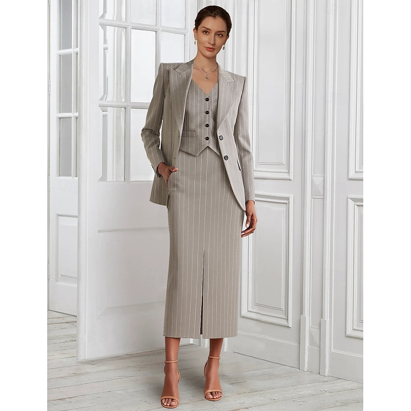 3 Pieces Tuxedo Dress Sets Sheath / Column Formal Wedding Guest Stretch Crepe Pinstripe Elegant Simple Long Sleeve Tea Length Peak Lapel Single Breasted4