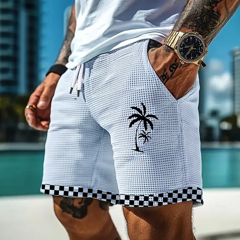 Men's Coconut Tree Check Grid / Plaid Waffle Shorts Sweat Shorts Casual Shorts Mid Waist Hawaiian Vacation Jogging Workout Elastic Drawstring Waist Shorts with Pockets Designer Clothing Apparel2