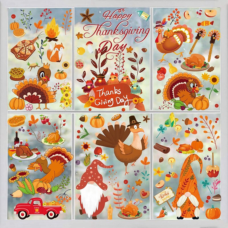 9 Sheets Fall Window Cling Thanksgiving Sticker Decals Decorations Double Side, Gnome Hedgehog Maple Leaf Pumpkin Static Stickers for Glass Window Autumn Harvest Home Decor3