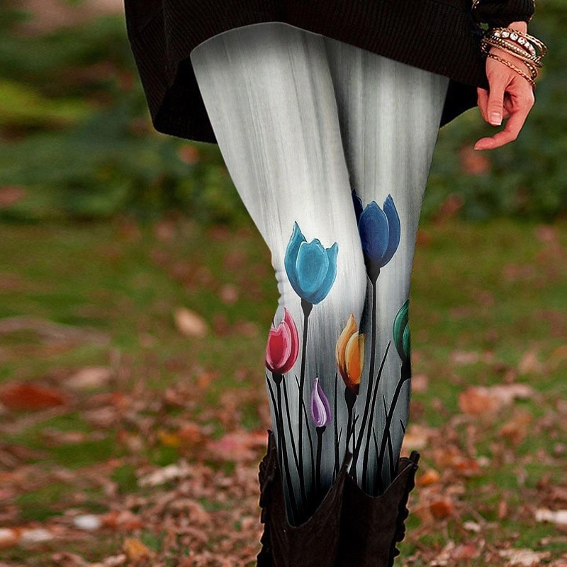 Women's Slacks Leggings Cozy Leggings Streetwear Casual Full Length Natural Flower Elastic Waist Print Comfy Outdoor Comfortable Outdoor Vacation Streetwear Sapphire Light Sky Blue Grey Black Fall3