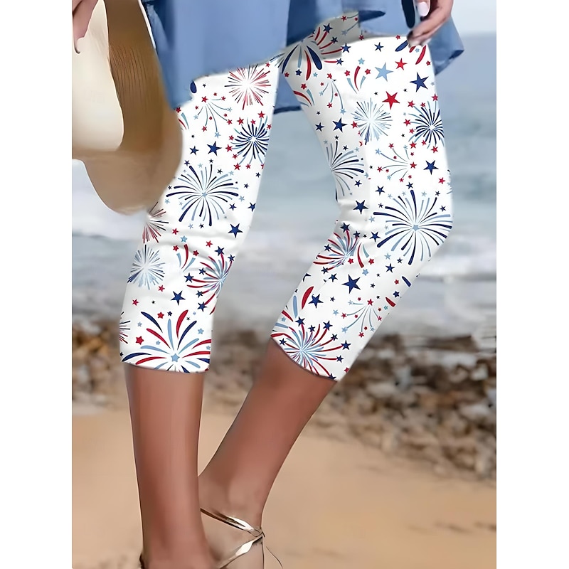 Women's Patriotic  Capri Pants Leggings Fashion Streetwear Basic Calf-Length High Waist Pants Graphic Star Striped Printing Breathable Soft Stretchy
