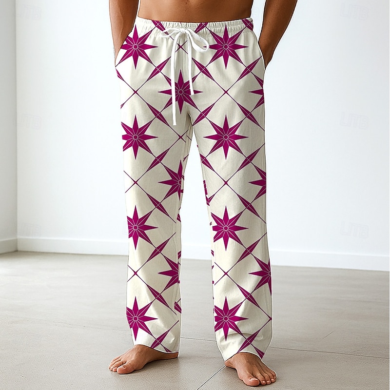 Men's Geometric Pentagram Trousers Baggy Pants Casual Pants Mid Waist Classic Style Outdoor Vacation Drawstring Side Pockets Elastic Waist Summer Spring 3D Print Blue Purple Green3