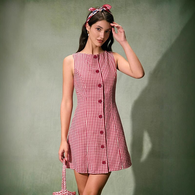 Retro Vintage 1950s 1960s Mini Dress Sleeveless Button Down Gingham Fancy Dress Women's Carnival Vacation Casual Daily Picnic Adults Dress Summer