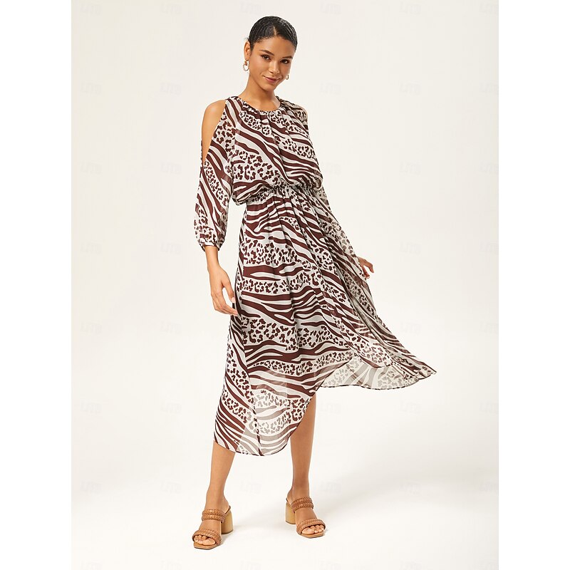 Animal Print Ruched Three Quarter Sleeve Dress