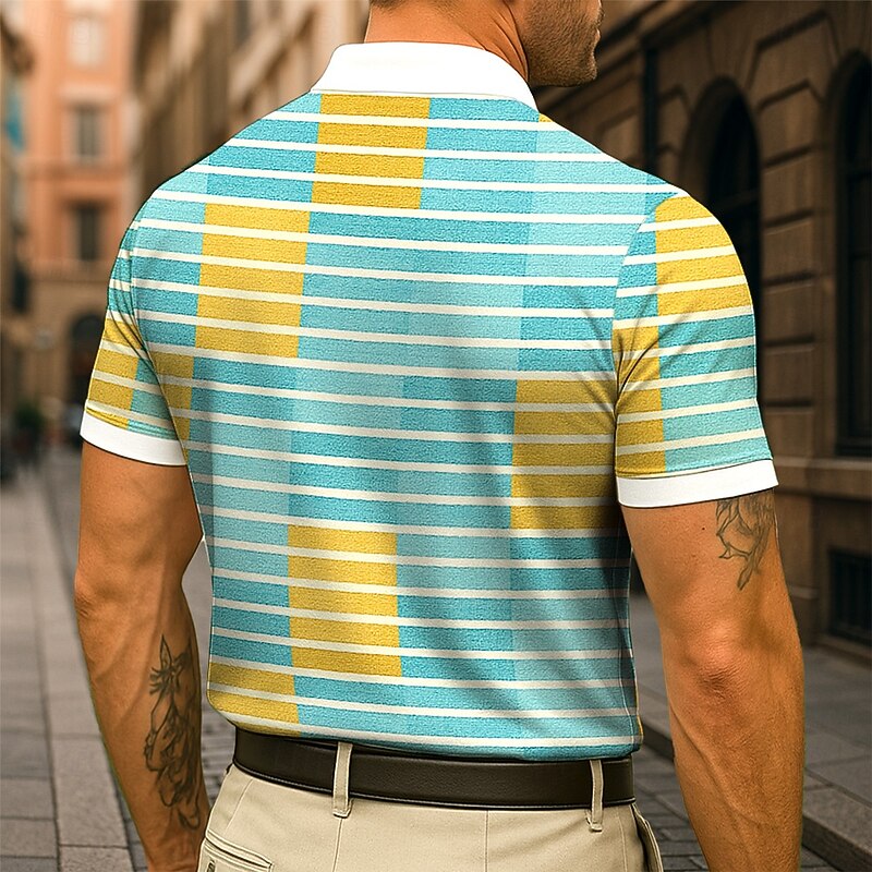 Men's Color Block Polo Short Sleeve Short Sleeves Polo Collar Business Casual Daily Athleisure Casual Daily Buttons Pocket Summer Robin's Egg Blue Yellow3