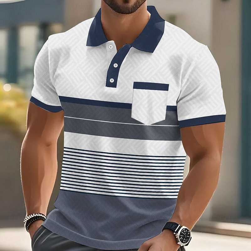 Men's Stripes Polo Short Sleeve Polo Shirts Collared Shirts Business Casual Outdoor Athleisure Daily Wear Pocket 3D Print Buttons Summer Blue Brown Green