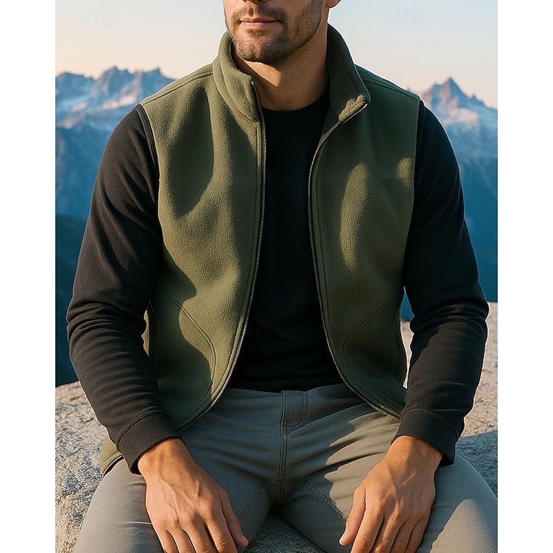 Men's Hiking Vest Sleeveless Vest Outdoor Thermal Warm Breathable Lightweight Winter Zipper Polyester Black Army Green Red Hunting Fishing Climbing