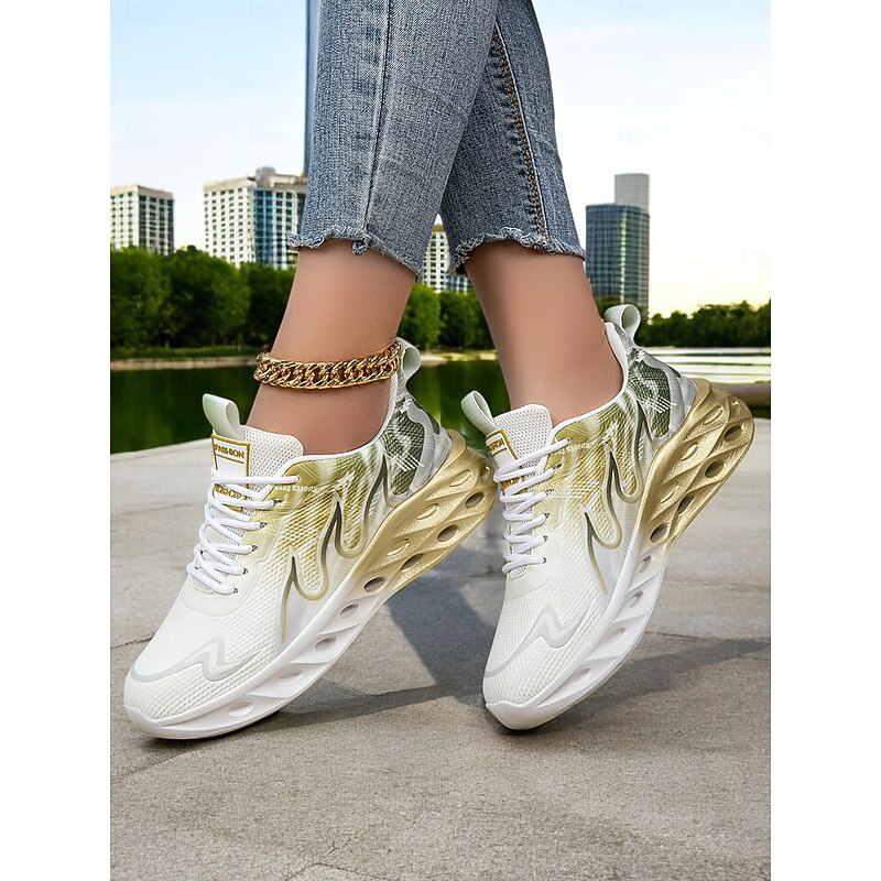 Women's Breathable Gold Gradient Running Sneakers – Lightweight Mesh Sport Shoes for Daily Workout, Jogging or Urban Style
