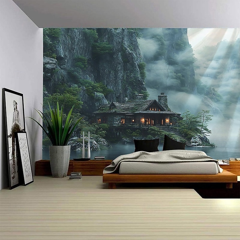 Misty Mountain Mysterious Cabin Waterfall Landscape Hanging Tapestry Mural Art Large Tapestry Mural Decoration Photos Background Carpet Curtains Home Bedroom Living Room Decoration2