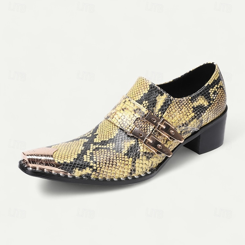Men's Snakeskin Print Leather Dress Shoes – Premium Cowhide Formal Loafers with Double Metal Buckles Pointed Toe and Stud Accents for Evening Banquets Fashion Galas and Masquerade Parties3