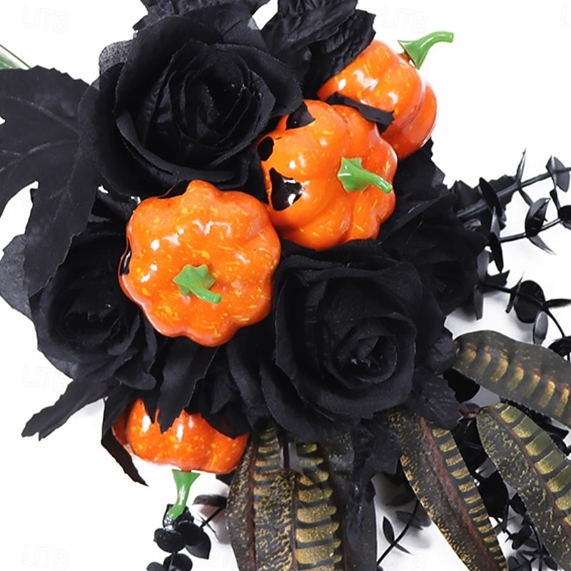 Halloween Black Artificial Flower Bouquet, Gothic Rose Eucalyptus Pumpkin Floral Arrangement, Spooky Home Party Table Decor Set4