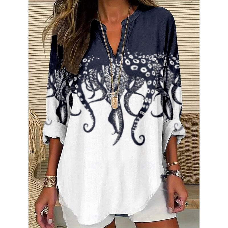 Women's Blouse Graphic Stylish Modern Long Sleeve V Neck Regular Tops Daily Holiday Print Black Blue Summer