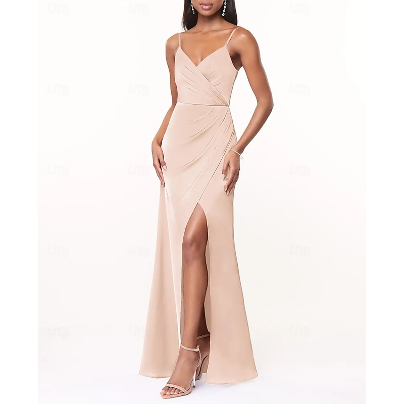 A-Line Bridesmaid Dress V Neck / Spaghetti Strap Sleeveless Elegant Floor Length Charmeuse with Split Front / Ruching3