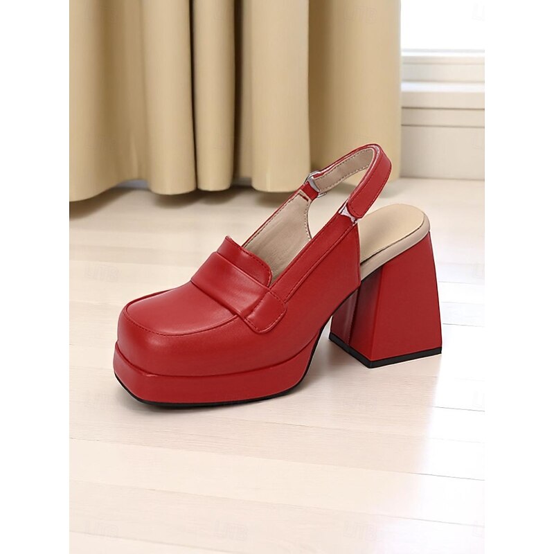 Women's Brown Chunky Platform Loafer Heels with Slingback Strap – Retro 1950s Style Block Heel Pumps for Fashion Events, Streetwear, and Daily Wear3