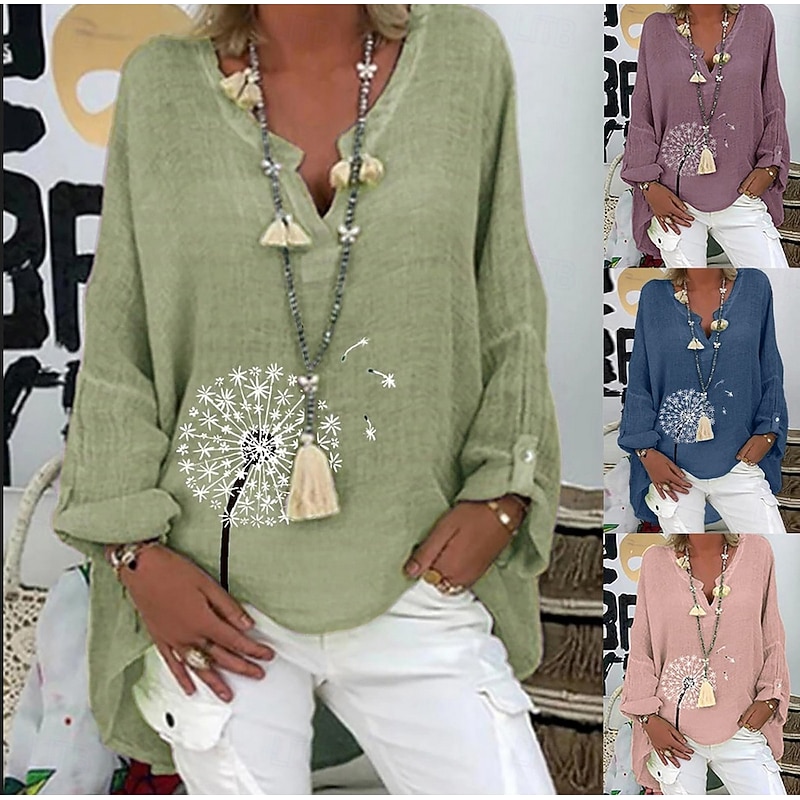 Women's Cotton Linen Shirts Floral Basic Casual Long Sleeve Shirt Collar Regular Tops Daily Print Pink Navy Blue Fuchsia Green Summer Fall