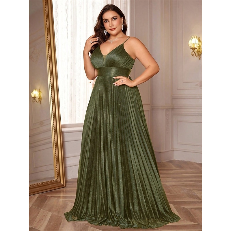 A-Line Plus Size Dresses Elegant Curve Dress Formal Wedding Floor Length Sleeveless V Neck Satin Backless with Pleats4