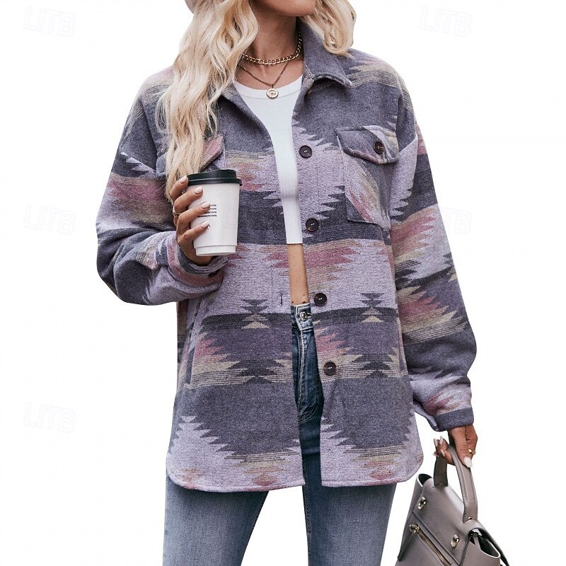 Women's Shirt Jacket Casual Jacket Warm Comfortable Pocket Buttons Fashion Outdoor Print Going out Weekend Single Breasted Regular Turndown Regular Fit Long Sleeve Outerwear Pink Blue Khaki Fall4