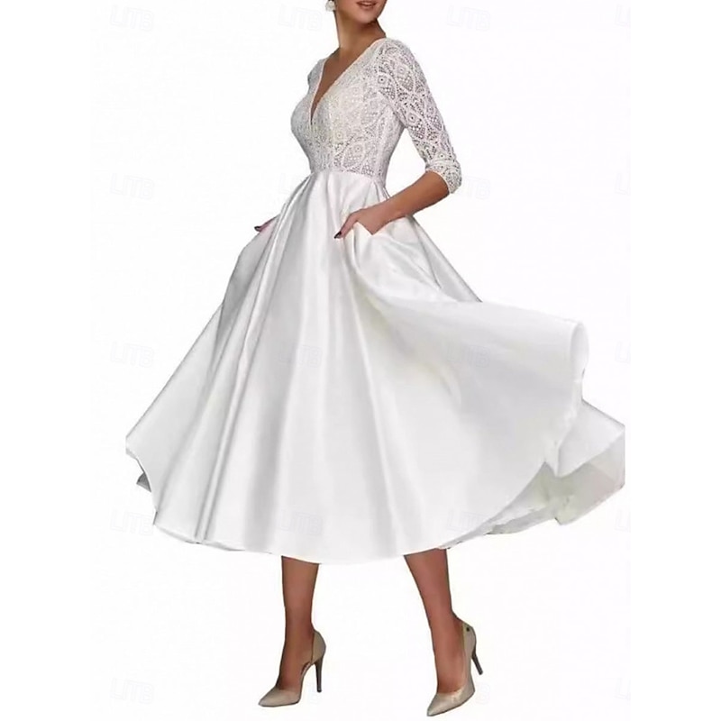 A-Line Mother of the Bride Dress Elegant Simple V Neck Tea Length Polyester 3/4 Length Sleeve with Solid Color