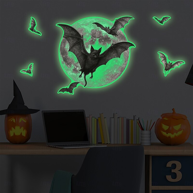 Halloween Wall Window Stickers Glow in the Dark , Moon Bat Ghost Face Decals for Day of the Dead Scene Decoration, Fluorescent Luminous Clings for Home Party Decor2