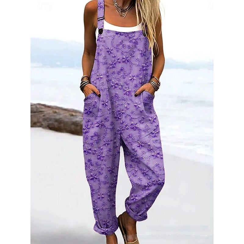 Women's Dungarees Active Floral Sleeveless Drawstring with Pocket Vacation Street Loose Fit Dusty Blue Purple Light Blue Summer2