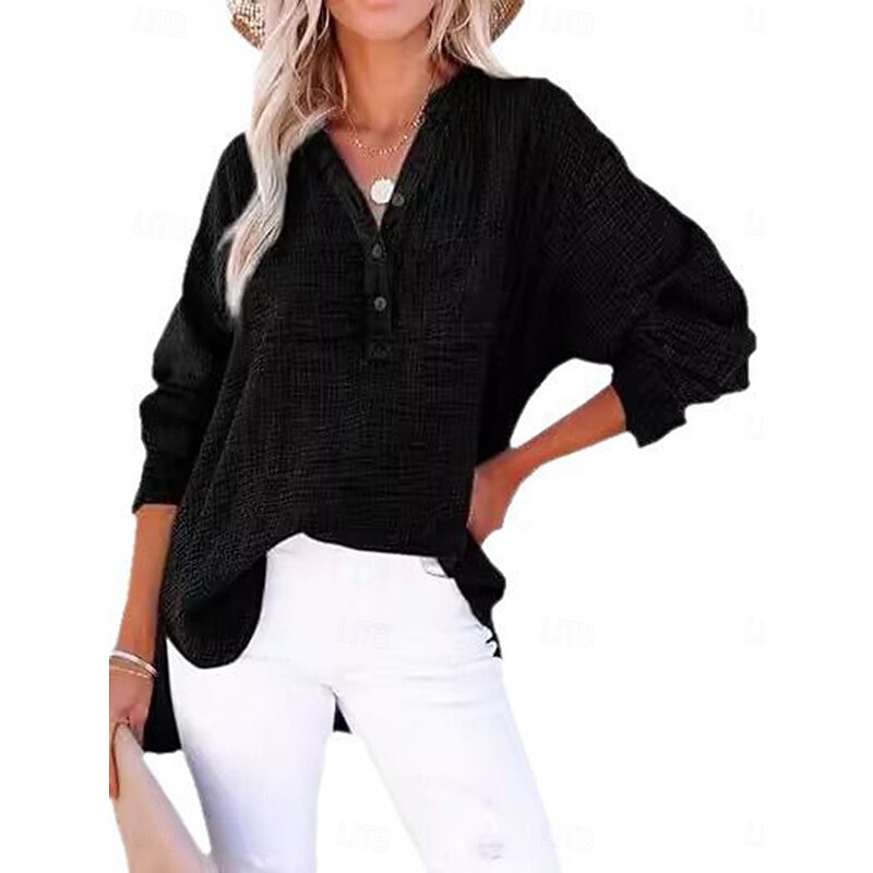 Women's Blouse Solid Color Plain Basic Casual Long Sleeve High Neck Regular Tops Daily Pocket Buttons Black Yellow Wine Green Summer4