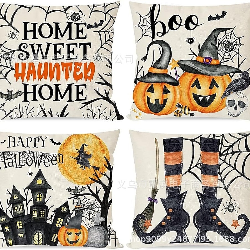 1 pcs Linen Pillow Cover, Halloween Square Zipper Traditional Classic2