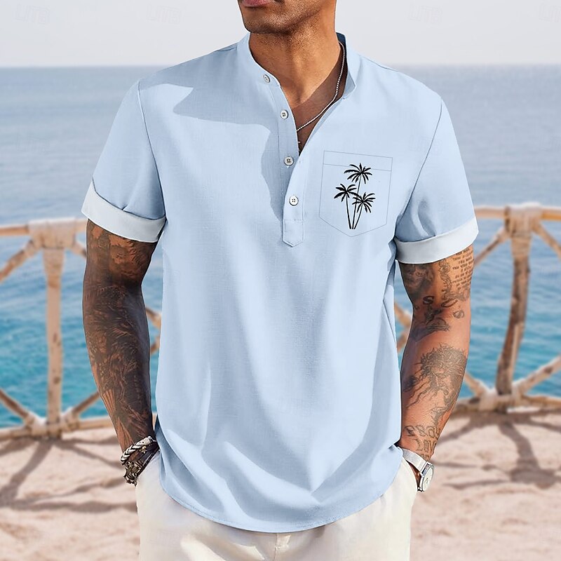 Men's Coconut Tree Tropical Plants Hawaiian Shirt Henley Shirt Stand Collar Shirt Short Sleeve Hawaiian Vacation Casual Summer Spring Mandarin Collar Band Collar Buttons Front One Pocket Linen Like2