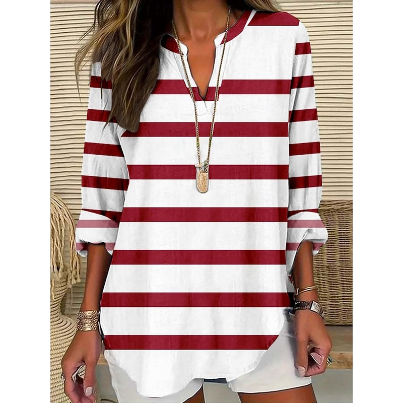 Women's Blouse Striped Stylish Modern Long Sleeve V Neck Regular Tops Daily Holiday Print Black Yellow Wine Purple Green Summer