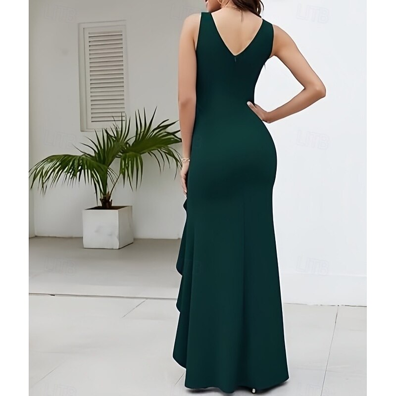 Mermaid / Trumpet Wedding Guest Dresses Elegant Dress Wedding Guest Engagement Floor Length Sleeveless V Neck Stretch Crepe with Ruched Ruffles Slit2