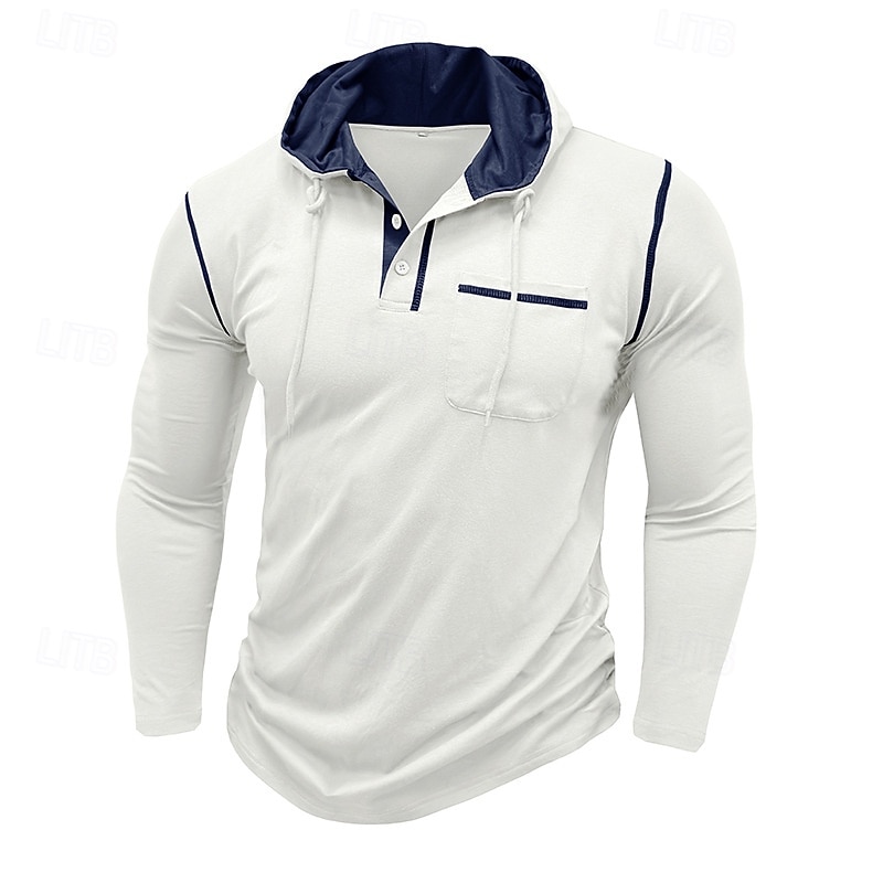 Men's T Shirt Henley Hoodie Long Sleeve Hooded Henley Spring &  Fall Solid Color Knitwear Daily Outdoor Pocket Outdoor Causal Casual Dark Grey Navy Black Top Tee for Men2