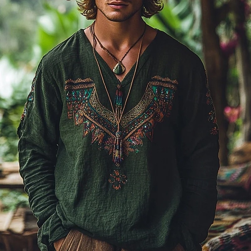 Men's Shirt Linen Shirt Viking Style Popover Shirt Summer Shirt Beach Wear Geometric Vacation Street Green Long Sleeve V Neck Summer Spring Clothing Apparel