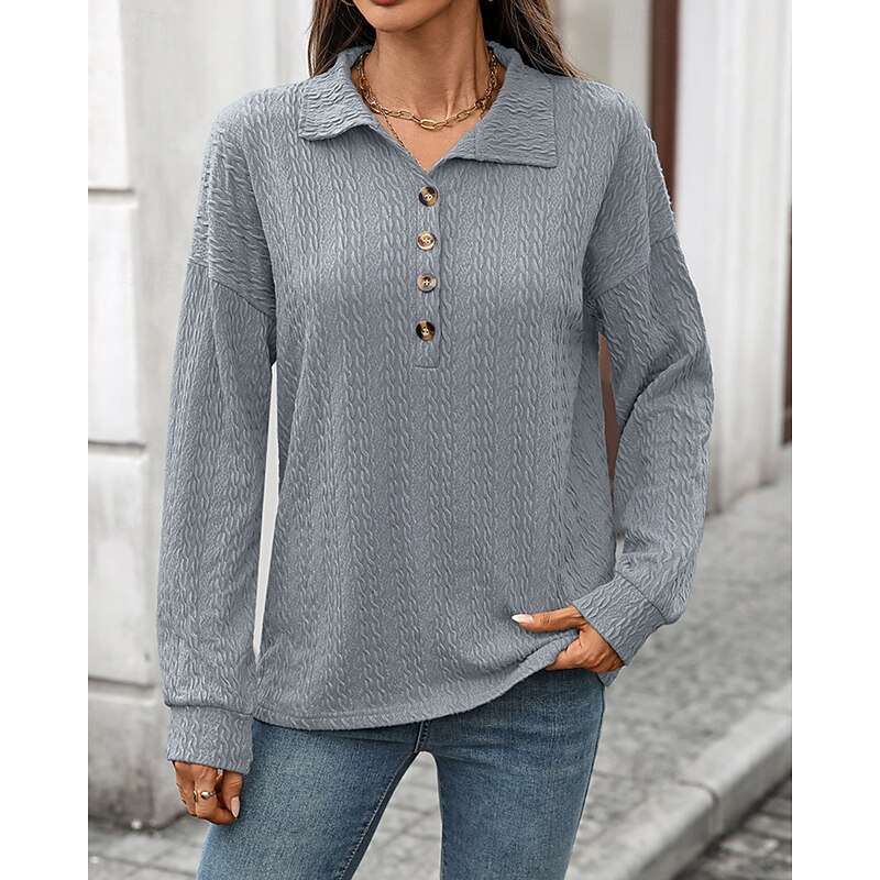 Women's Pullover Sweatshirt Plain Streetwear Casual Comfy Long Sleeve V Neck Regular Tops Street Holiday Going out Buttons Wine Navy Blue Green Gray Fall2