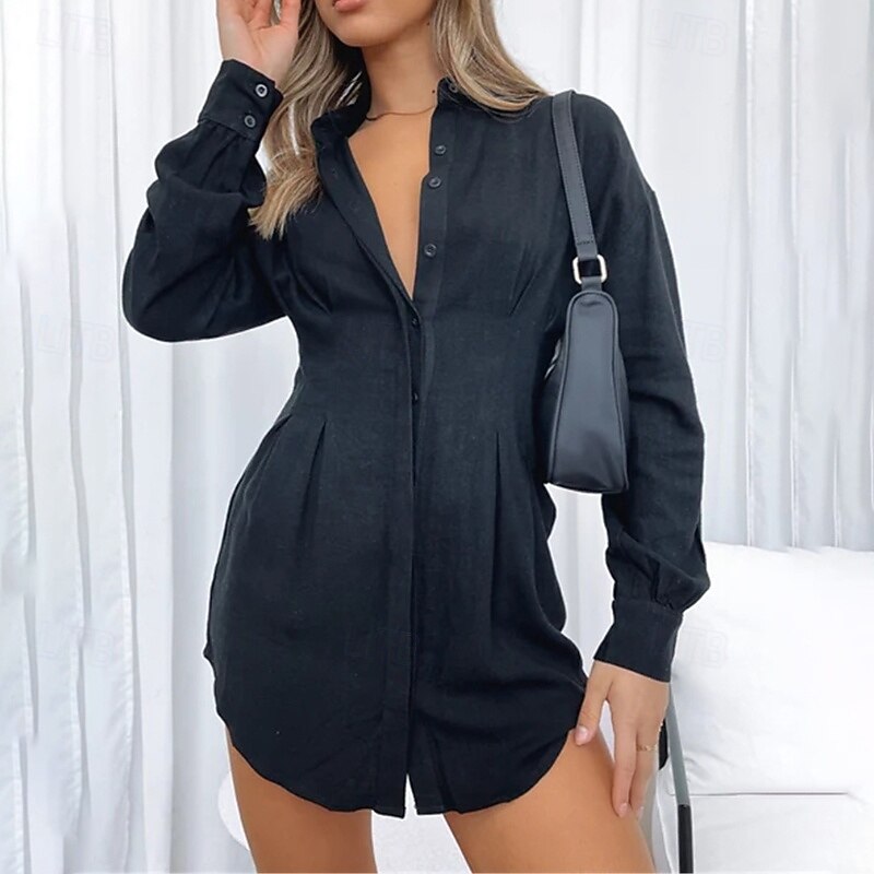 Women's Mini Dress Shirt Dress Classic Modern Vacation Daily Going out Regular Fit Plain Long Sleeve Shirt Collar Black White Summer4
