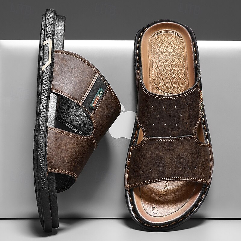 Men's Brown Cutout Slip-On Sandals, Soft Faux Leather Summer Slides for Indoor Comfort, Weekend Errands and Casual Outdoor Use3